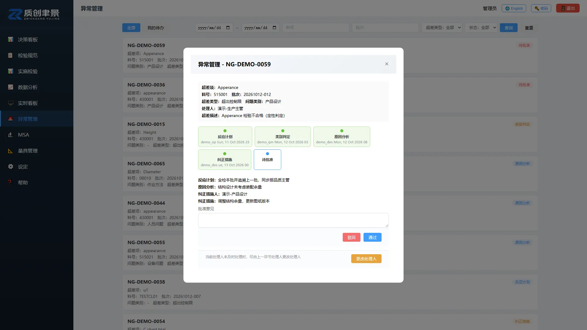 SPC 异常处置单，显示反应计划、类别判定、原因分析、纠正措施与批准流程